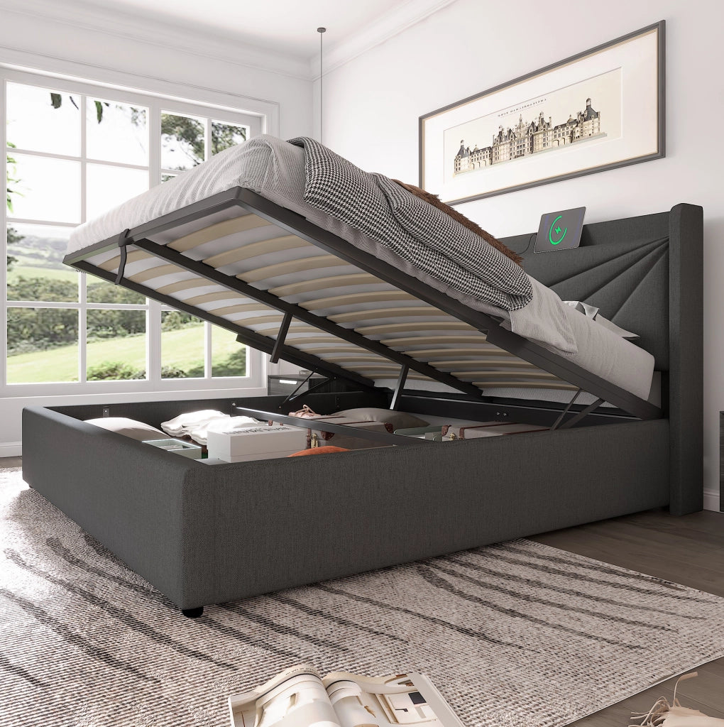 Letto matrimoniale contenitore 180x200 cm grigio con USB e USB-C