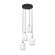 Lampadario 4 Luci Selene Base Tonda In Acciaio Nero E Vetri Plissettati Bianchi