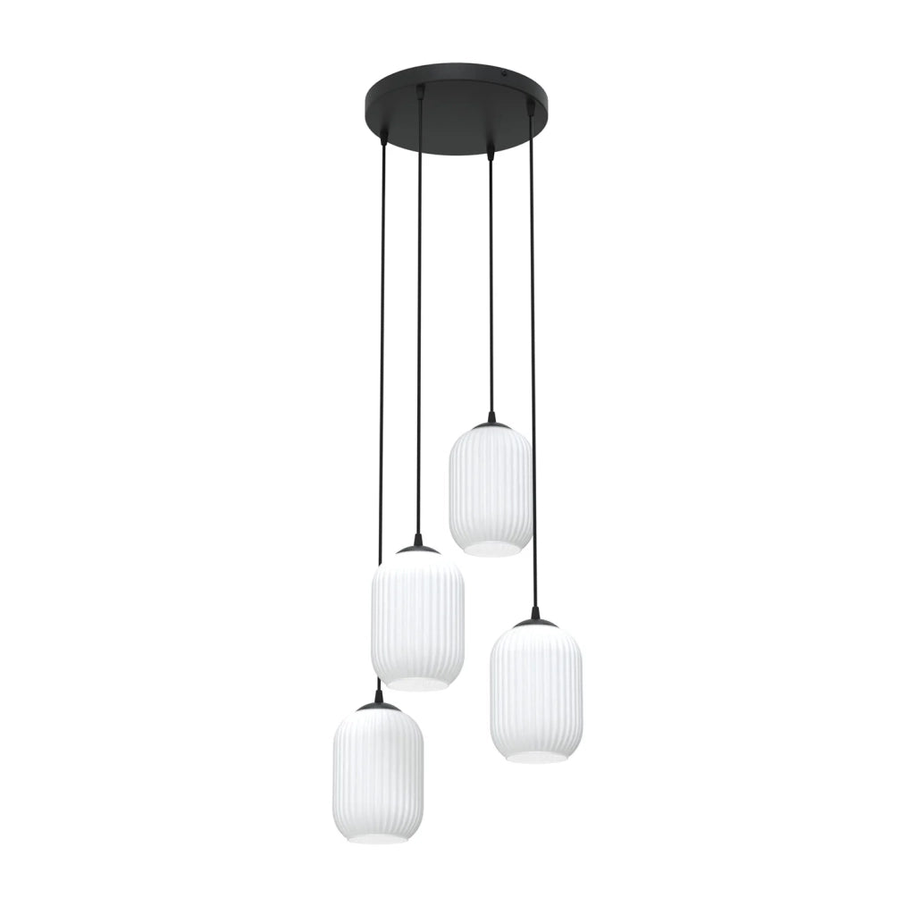 Lampadario 4 Luci Selene Base Tonda In Acciaio Nero E Vetri Plissettati Bianchi