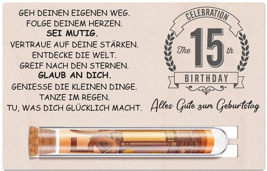 Regali di denaro per il 17° compleanno, con scatola di cartone e cartoncino in legno, con tema "Buon compleanno" e ispirazioni.