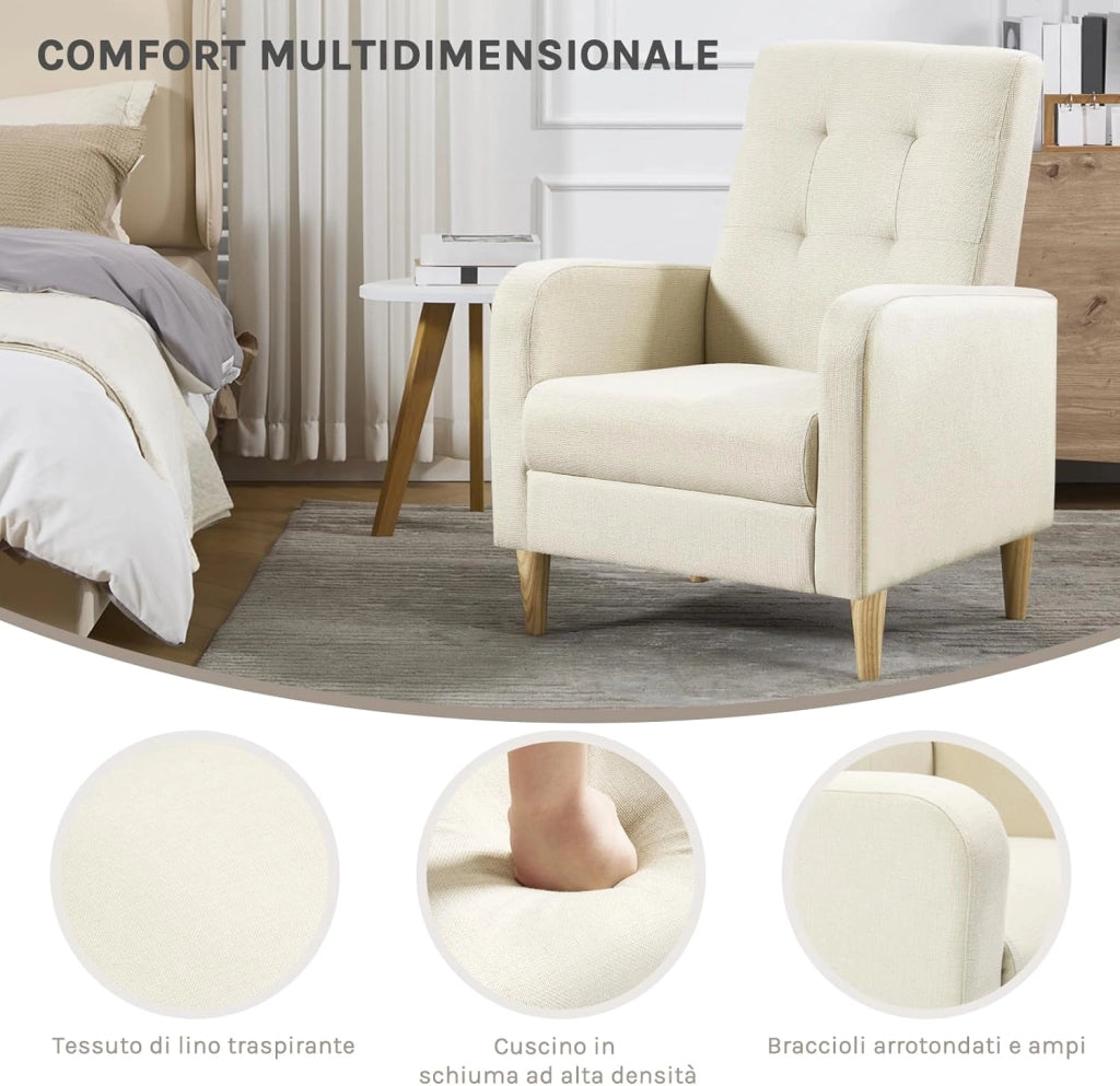 Poltrona da Salotto, Poltrona Relax con Schienale Alto, Sedia di Relax con Pieno Legno Massello Piedi, Seduta Imbottita, Rivestimento in Lino, per Salotto, Ufficio, Beige, SKS41be