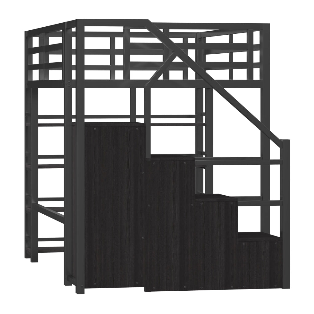 Letto a soppalco 140x200 con libreria, armadio, scala contenitore e LED
