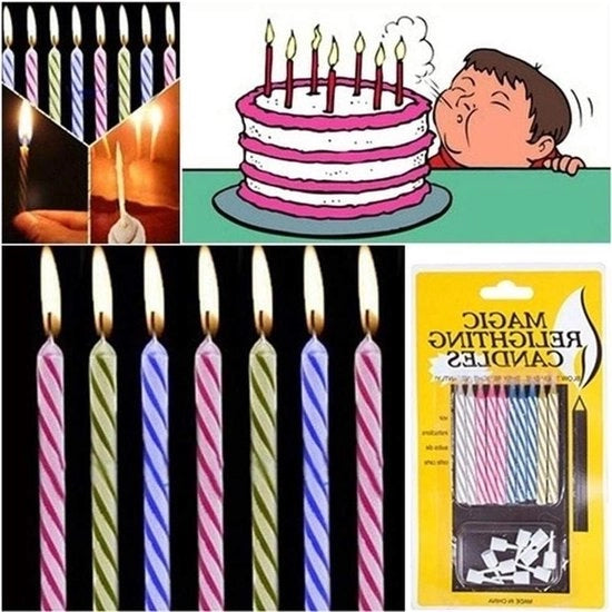 Candele magiche per compleanni - accendono sempre di nuovo - scherzo per festa - 10 pezzi.