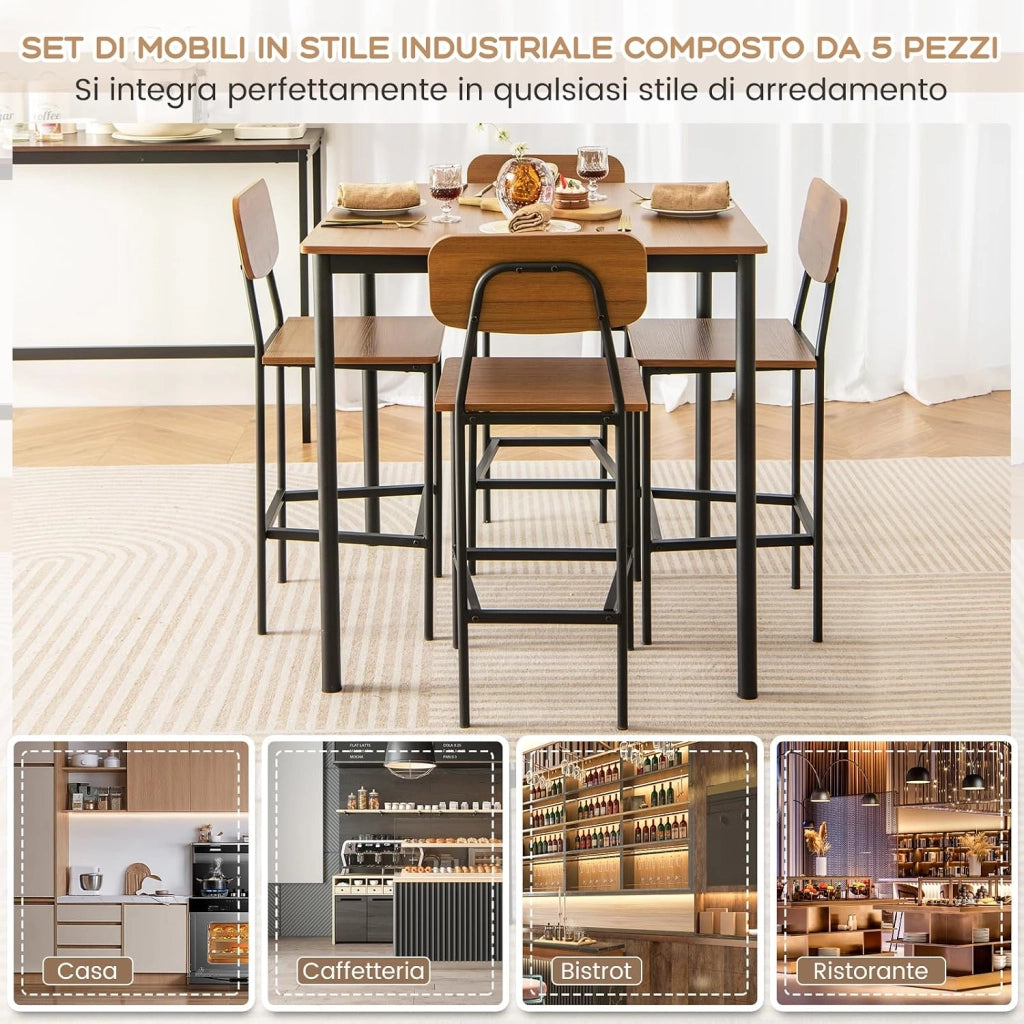 Set 5 Pezzi Tavolo da Pranzo, 1 Tavolo Rettangolare e 4 Sedie con Poggiapiedi, Set di Tavolo da Pranzo Salvaspazio per Casa Ristorante Bar (Noce)
