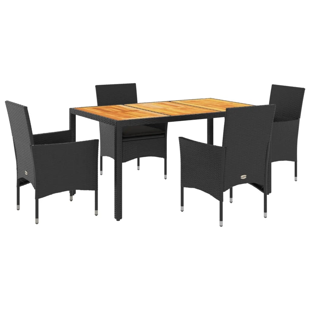 Set Pranzo da Giardino 5 pz con Cuscini Nero Polyrattan Acacia