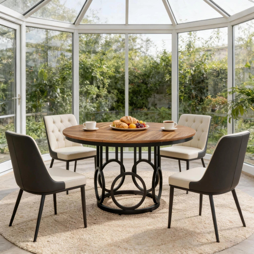 Tavolo da pranzo rotondo 120 cm in MDF noce e metallo nero