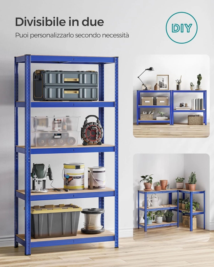 SONGMICS Scaffalatura a 5 Ripiani, Scaffale in Acciaio, Montaggio Rapido, Utensili, Strumenti in Garage, Magazzino, Ripostiglio, Portante 875 kg, 40 x 90 x 180 cm, Blu GLR040Q01