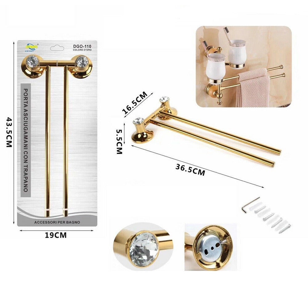 Trade Shop - Porta Asciugamani 2 Aste Supporto Per Bagno Da Muro Casa Dorato Oro Dgo-110 -