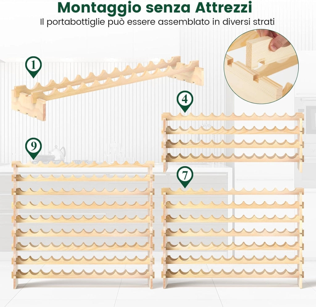 Portabottiglie di Vino da 9 Livelli per fino a 108 Bottiglie, Cantinetta Portabottiglie di Vino in Legno di Pino Naturale, Scaffale Espositivo da Pavimento per Vino da Bar (120 x 29 x 106 cm)