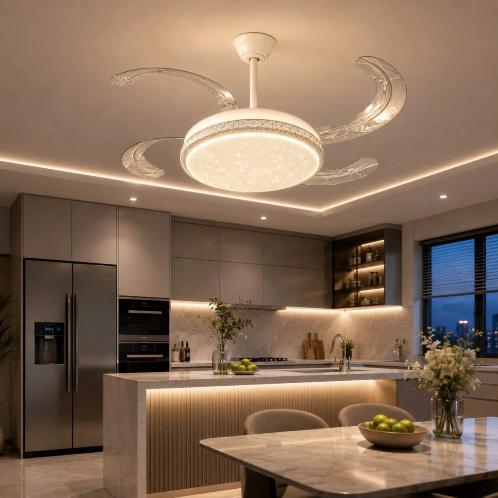 Ventilatore da Soffitto LED 80W 42" con 4 Pale Retrattili, Telecomando, Luce Dimmerabile Calda Naturale Fredda - Bianco