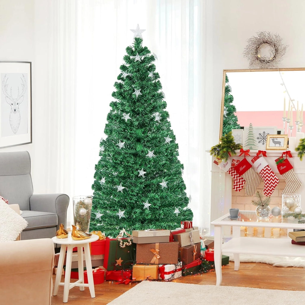 Albero di Natale 150/180 cm Pre-Illuminato, Albero di Natale Artificiale con 180/230 Punte di Ramo, 21/30 Luci a Stella Bianca Calda, Fibra Ottica e 8 Modalità di Illuminazione (150 cm)