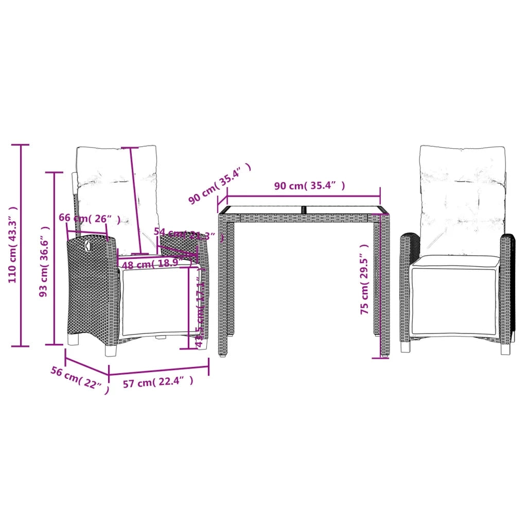 Set da Pranzo da Giardino 3 pz con Cuscini Nero in Polyrattan