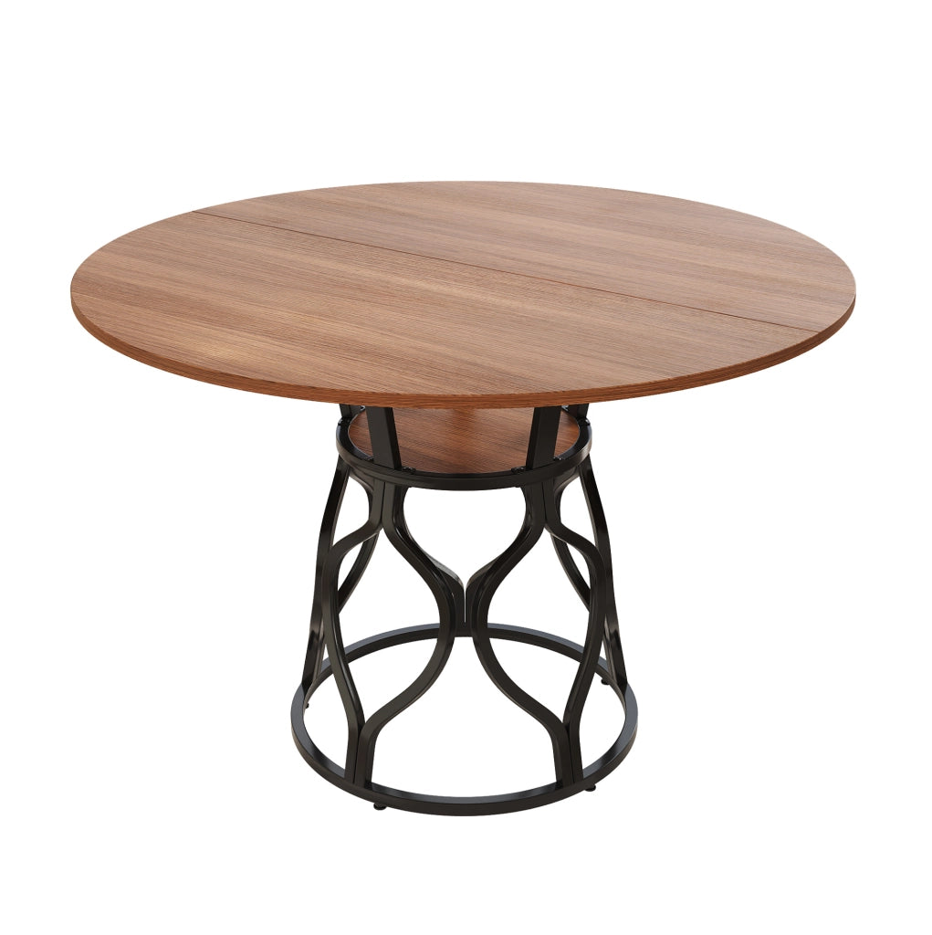 Tavolo da pranzo rotondo 100 x 100 x 75 cm in MDF effetto noce e metallo nero; con ripiano