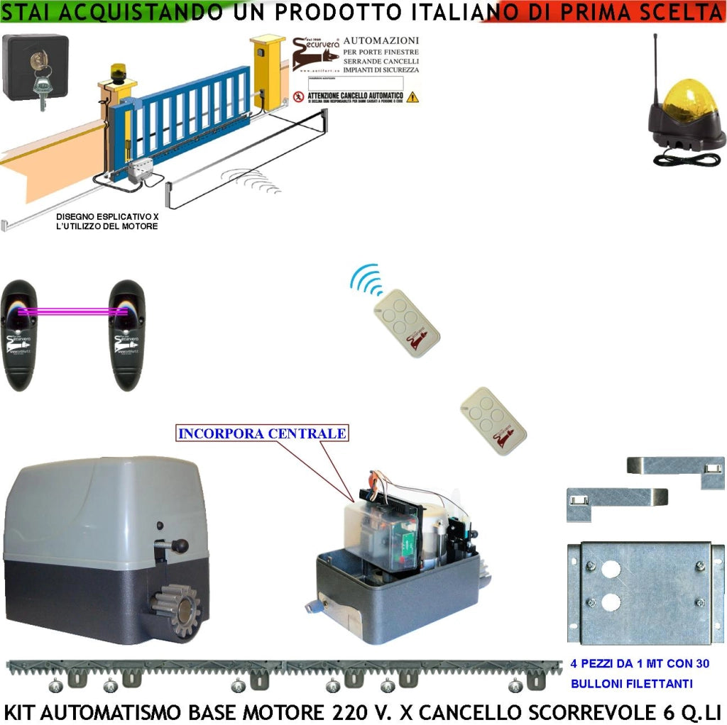 KIT AUTOMAZIONE CANCELLO SCORREVOLE 6 Q.LI MOTORE 220 V 4 MT CREMAGLIERE 2 TELECOMANDI FOTOCELLULE FARO ANTENNA SELETTORE