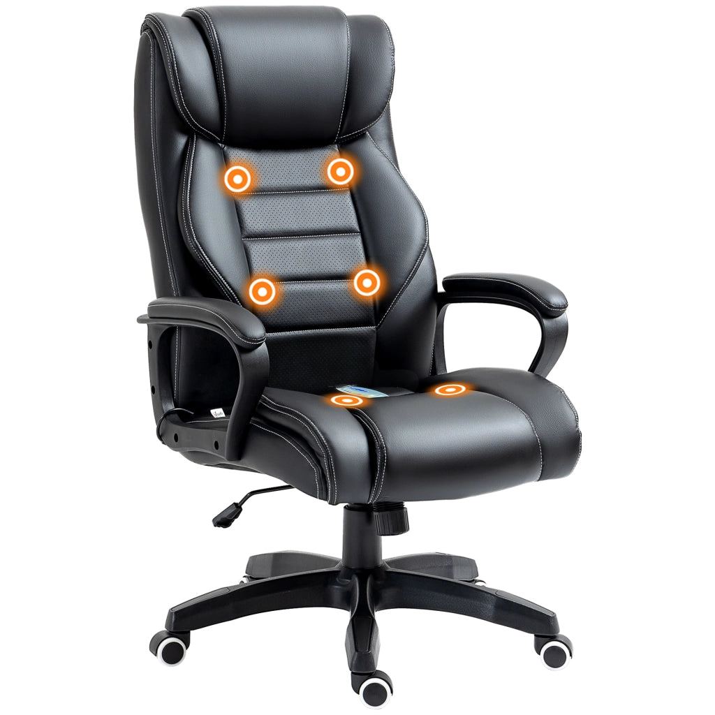 Poltrona Massaggiante da Ufficio a 6 Punti con Altezza Regolabile, in Similpelle Nera, 66x78x112-120 cm