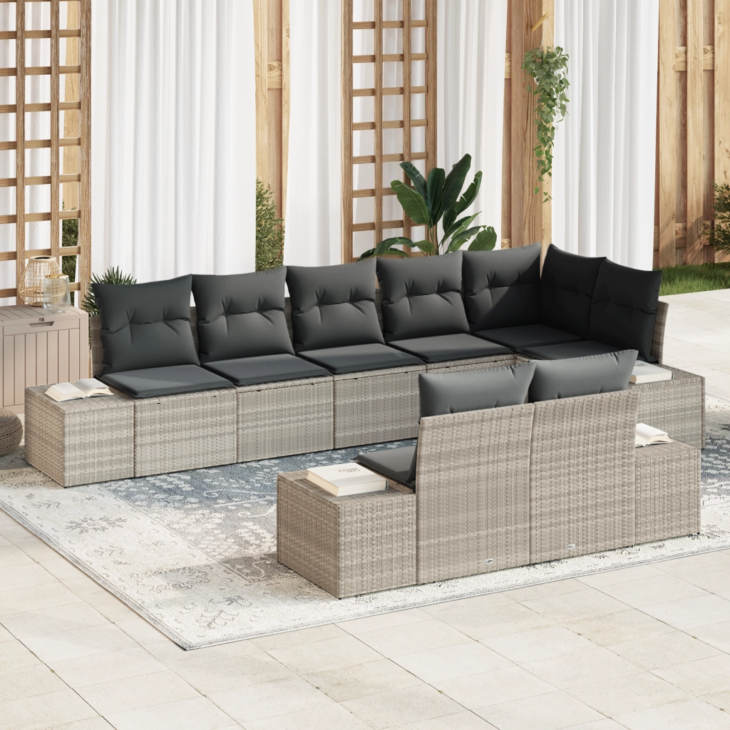 Set di Divani da Giardino da 8 Pezzi con Cuscini Grigio Chiaro Polyrattan