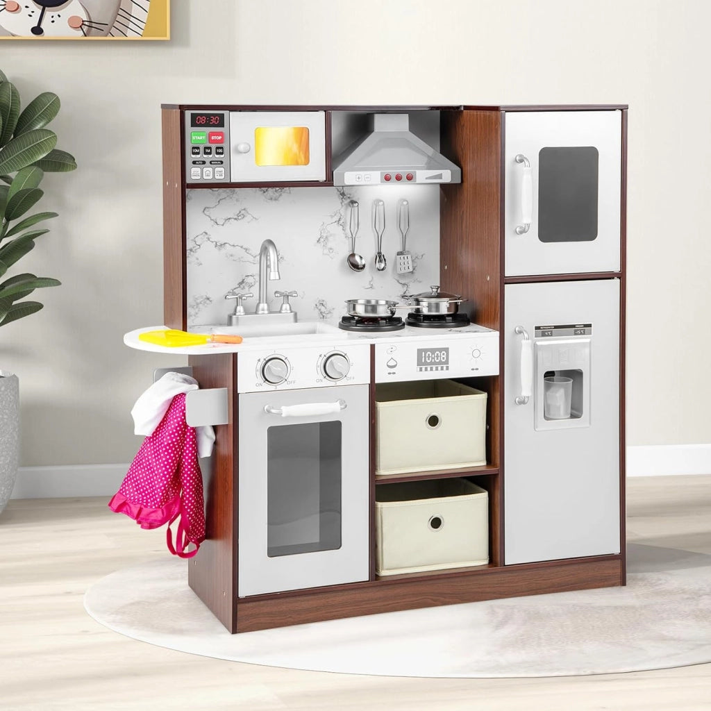 Cucina Giocattolo per Bambini, Cucina Legno per Bambini con Frigorifero, Macchina del Ghiaccio, Forno, Microonde, Lavello e Rubinetto, Funzione Luci e Suoni, per Bambini 3 Anni+