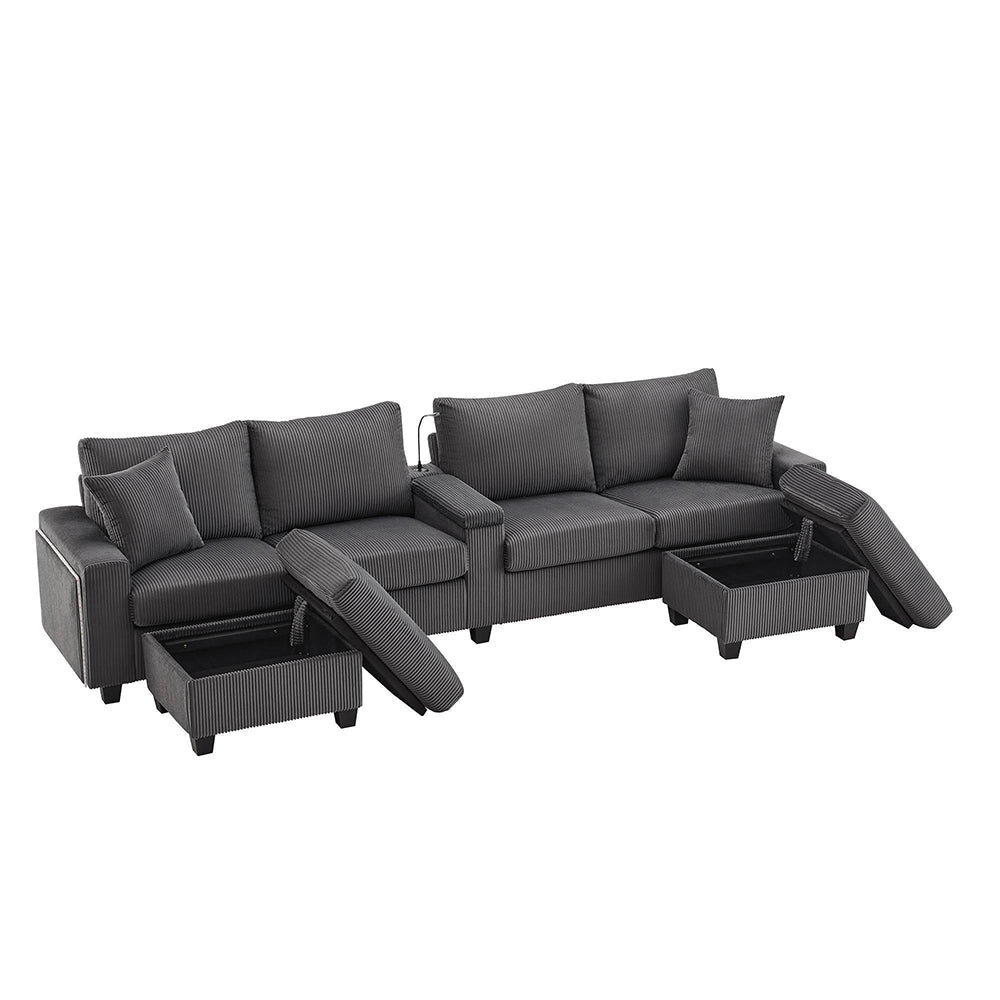 Divano a U in velluto costato - Xylo - 334x128,5x81cm - Grigio - 2 sgabelli, luce lettura, vassoio, porta-bevande, USB/Type-C, braccioli LED