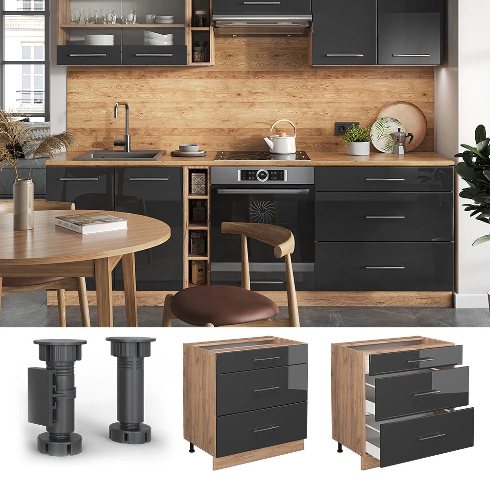 Mobiletto base per cucina Fame-Line Antracite lucido/Rovere dorato 80 cm con 3 cassetti, senza piano di lavoro Vicco