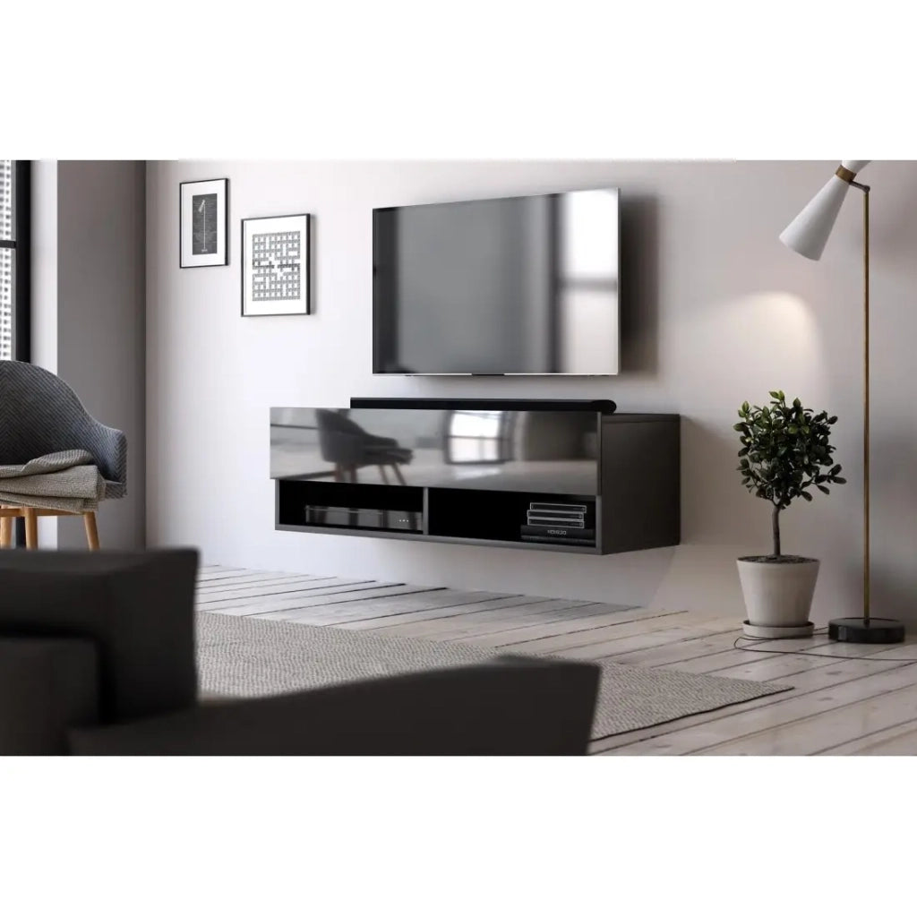 Mobile porta TV sospeso design CLUJ, 100 cm, 1 anta e 2 vani, colore nero e nero lucido.