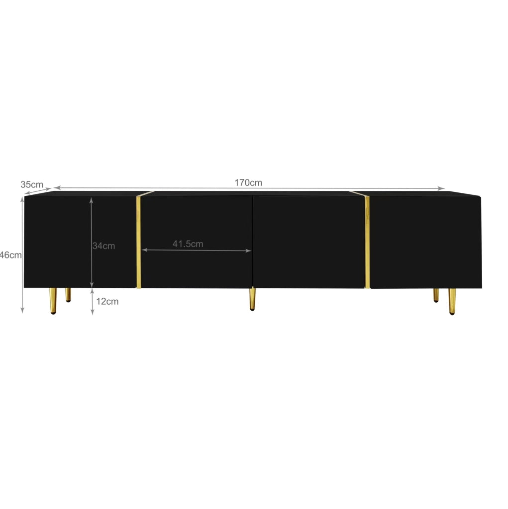 Mobile TV ULEVR 170x35x46 cm con 4 ante e cerniere soft-close, MDF nero lucido con dettagli oro