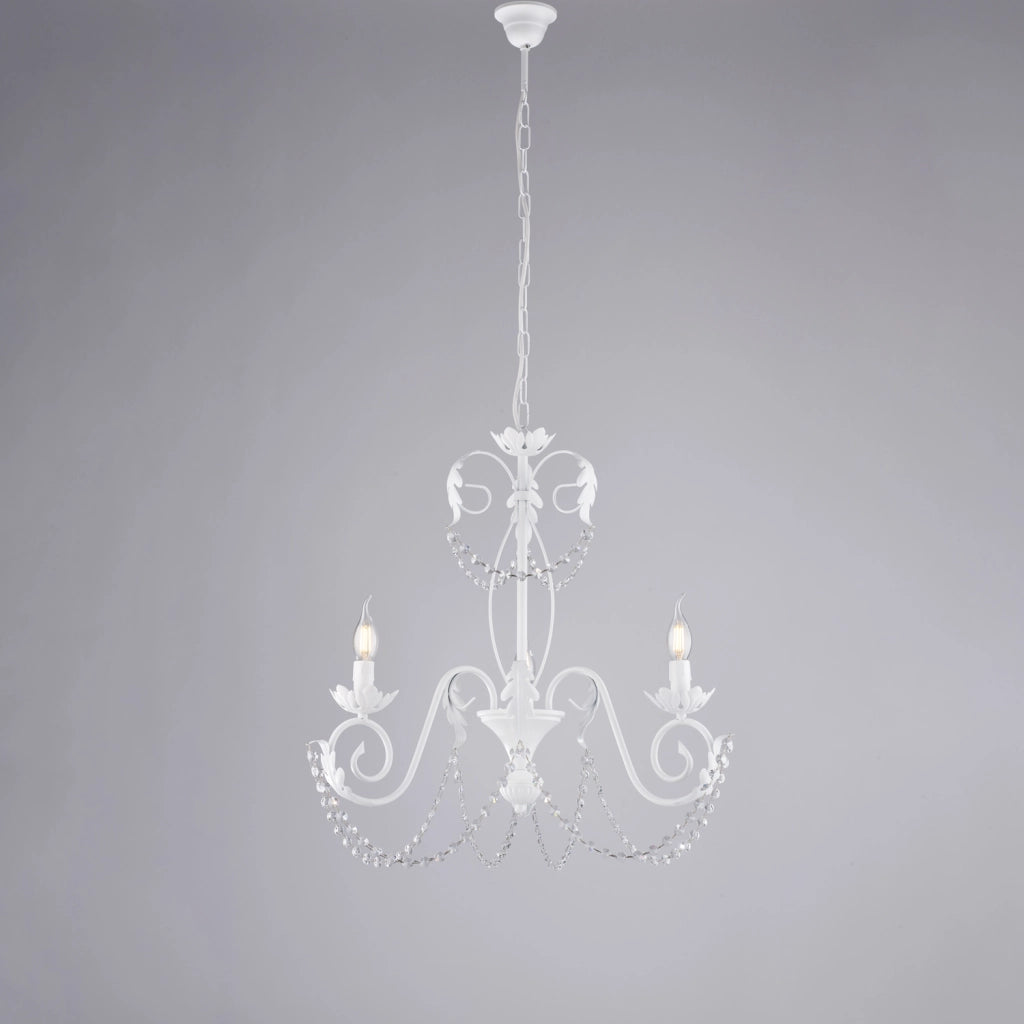 Lampadario in ferro laccato bianco con decorazione effetto shabby chic e strass in cristallo 3 luci