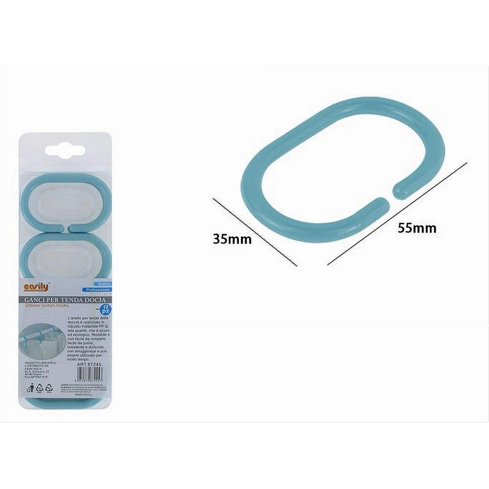 Trade Shop - Set 12pz Anelli Ganci Per Tenda Da Doccia Box Bagno In Plastica Pp Azzurro 87245 -