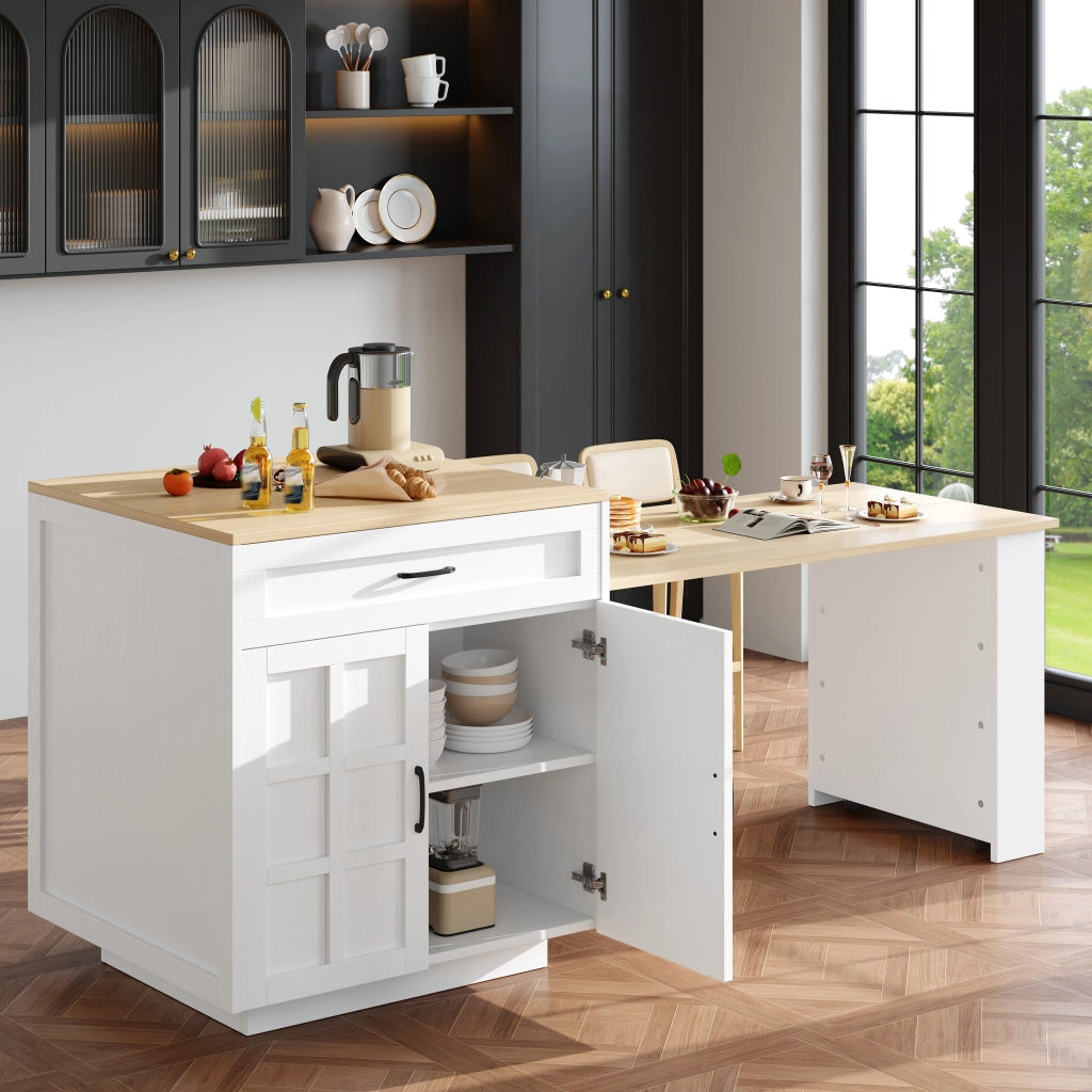 Tavolo bar allungabile con contenitore 133-202x70x93,5 cm, in MDF bianco, con cassetto e vani aperti