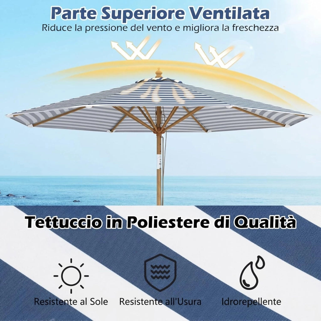 Ombrellone da Giardino 280 cm, Ombrellone Inclinazione Regolabile a 30°, con 8 Stecche, per Spiaggia Piscina Cortile (Binaco+Blu)