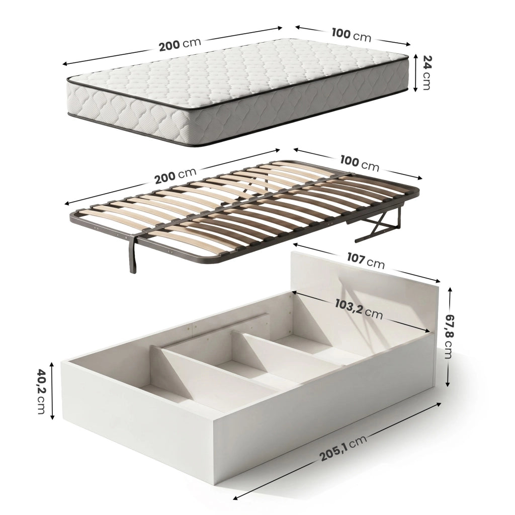Letto con contenitore 100x200 cm rete sollevabile in metallo e materasso a molle Bianco