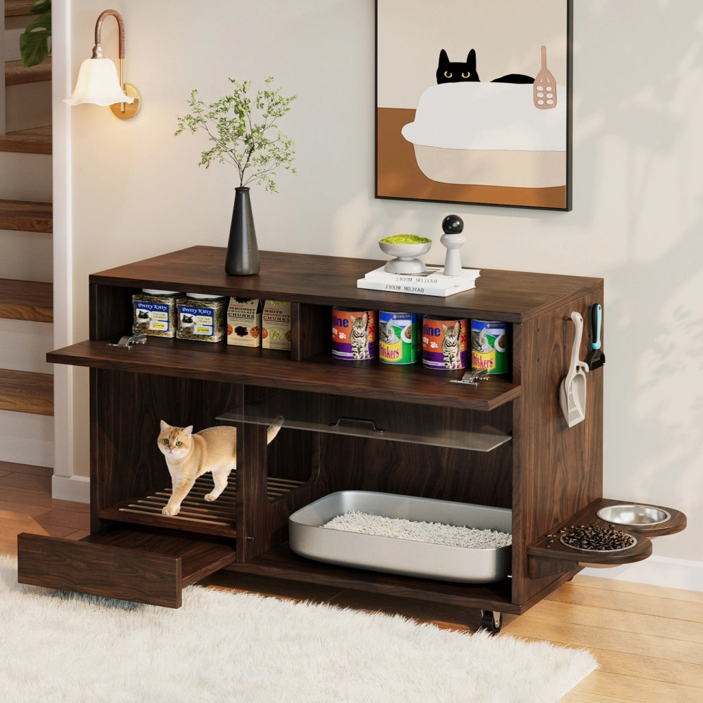 Mobile coperto per lettiera per gatti con vassoio raccogli sabbia e ruote, per soggiorno, in MDF, noce, 100 × 45,5 × 67 cm