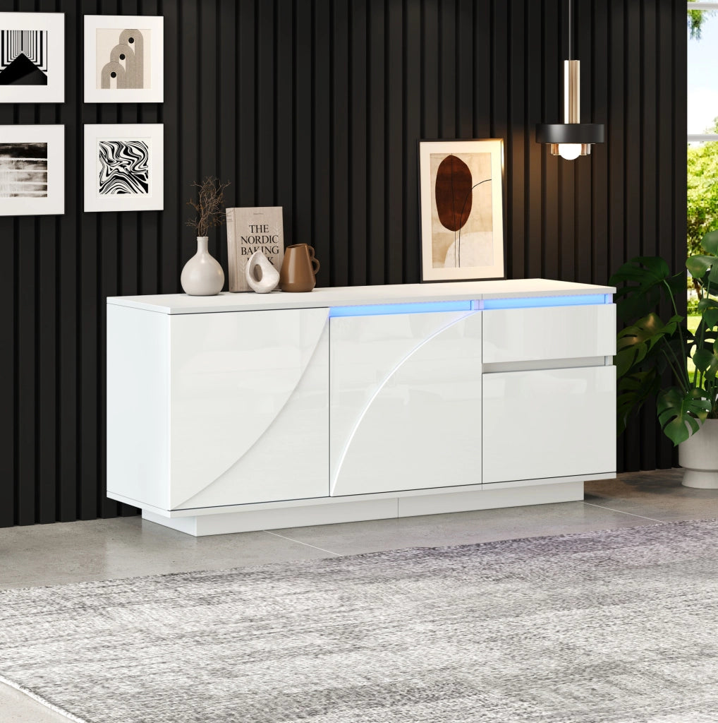 Credenza LED bianca 140x40x60 cm con 3 ante e cassetto