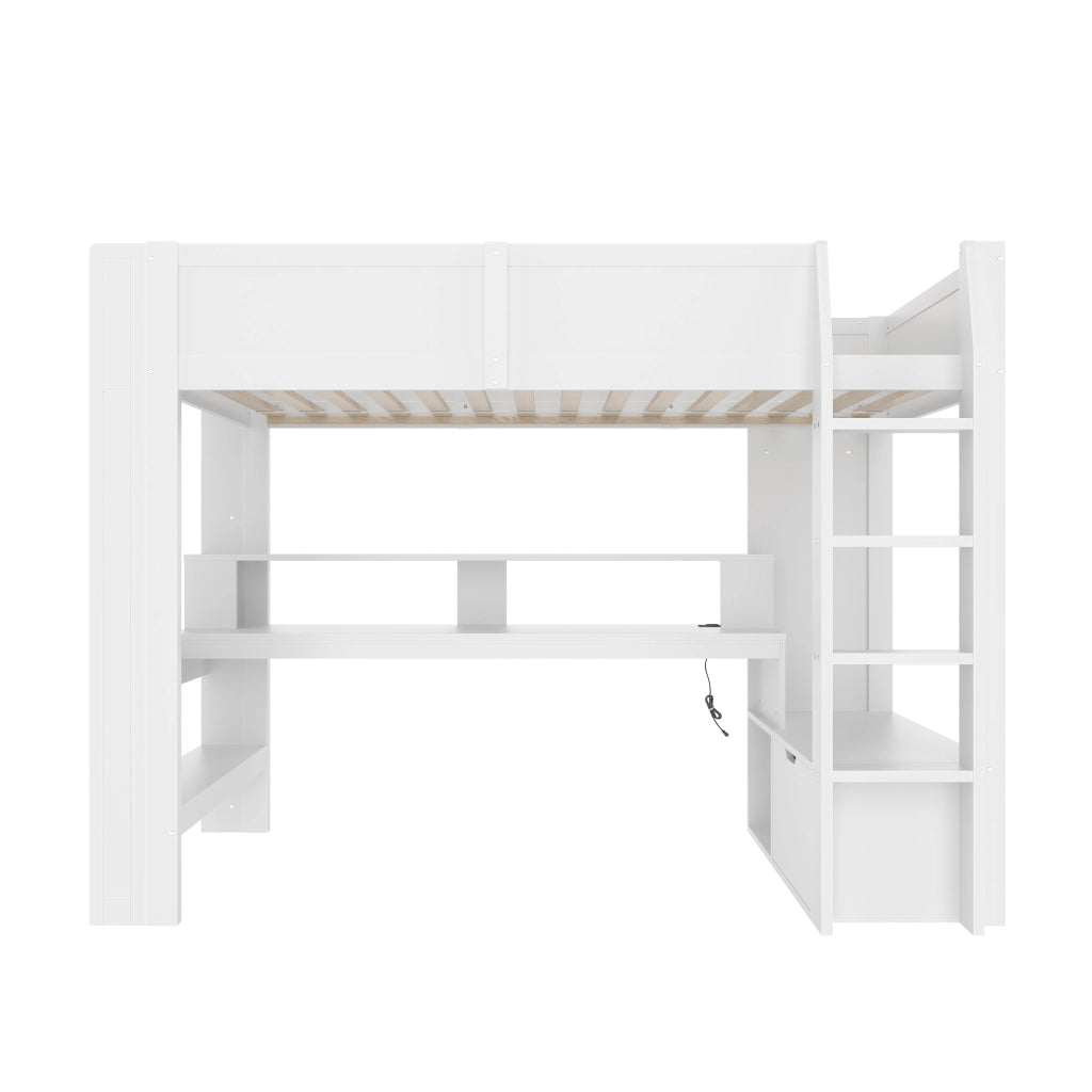 Hochbett bianco in pino con scrivania led e cassetti 90x200 cm