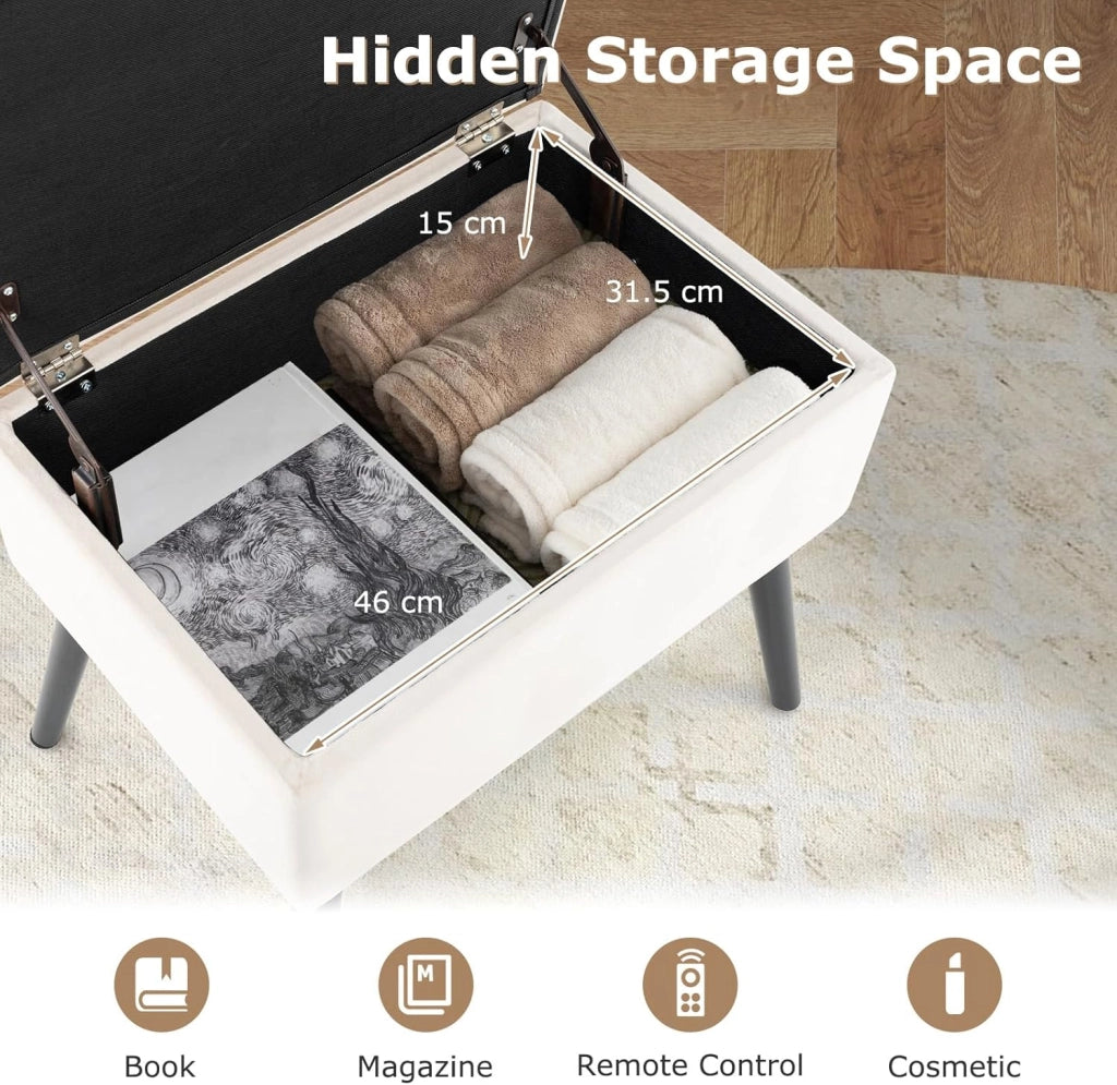 Sgabello in Velluto con Contenitore, Poggiapiedi per Soggiorno con Gambe in Legno Massello, Coperchio Ribaltabile, Sgabello per Cambiare Scarpe all’Ingresso (Beige)