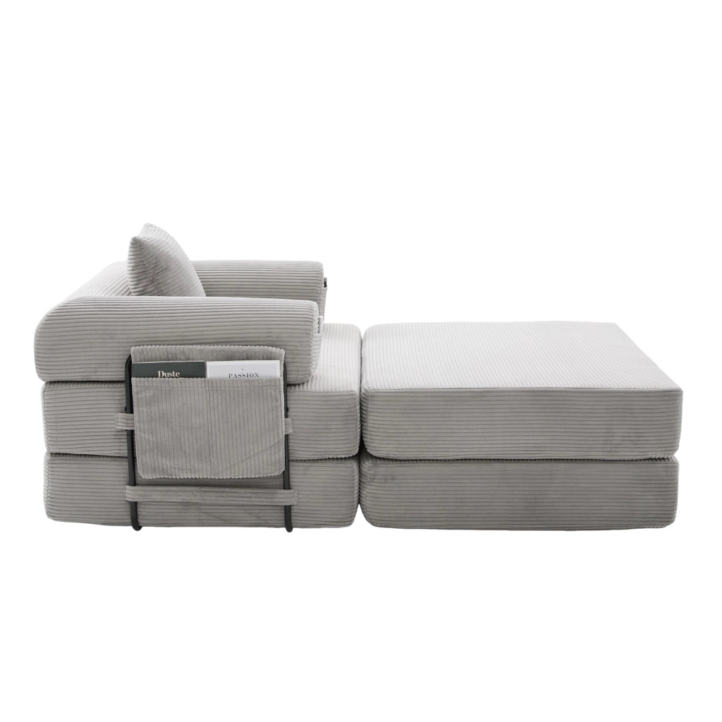 Divano modulare in corduroy con pouf, struttura in metallo, cuscino e tasca laterale, grigio chiaro