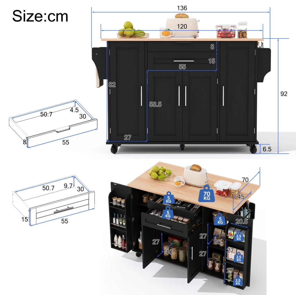 Isola da cucina con piano estraibile 136x70x92 cm in MDF nero e naturale