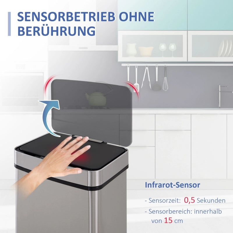 CONTENITORE RIFIUTI 72 L con sensore, 3 scomparti, acciaio inox, argento