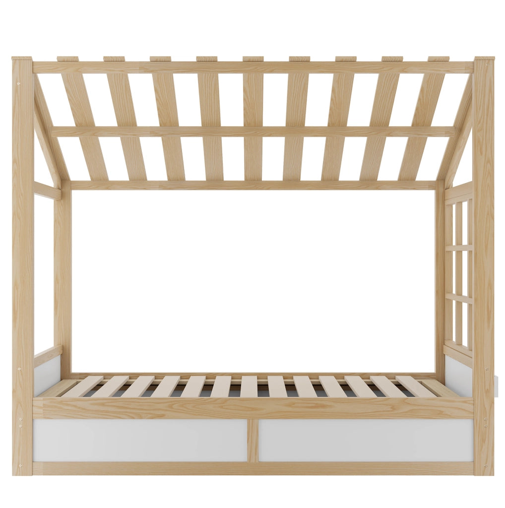 Letto per bambini 90x200 cm con vano idraulico e ripiani laterali; bianco e naturale