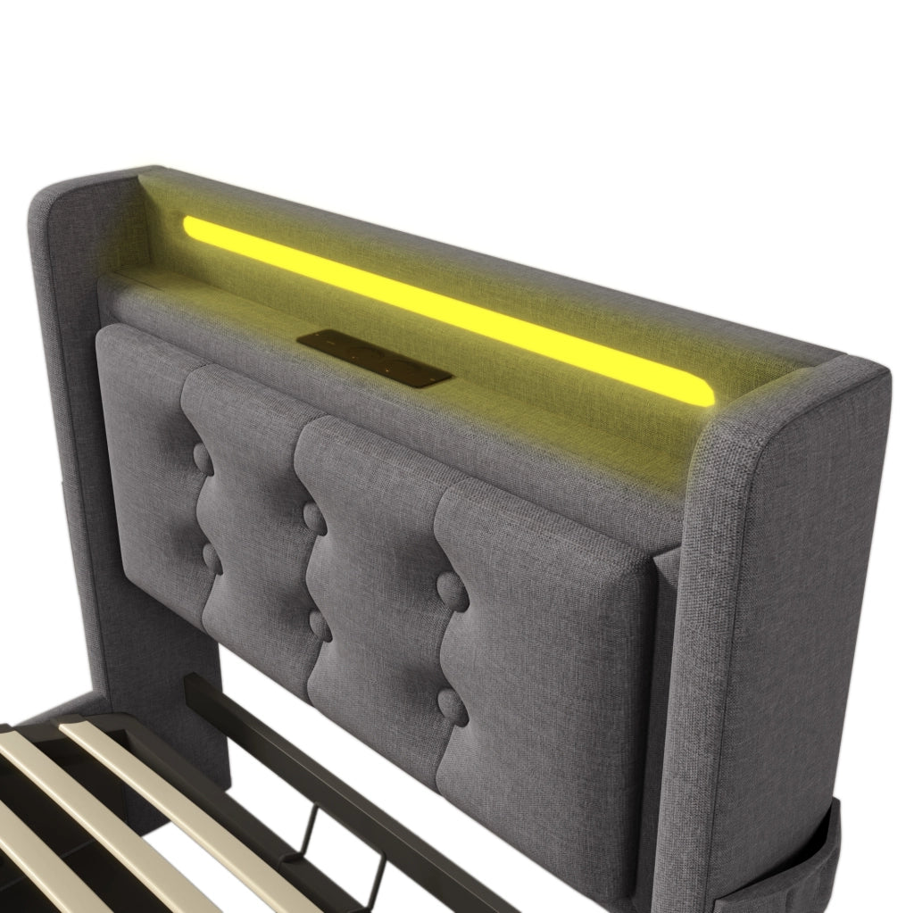 Letto singolo 90x200 cm imbottito in cotone e lino con LED; USB e contenitore; grigio