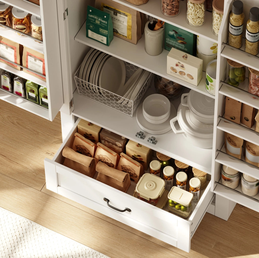Armadio dispensa da cucina 80x35x183 cm con 2 ante e cassetto in MDF bianco
