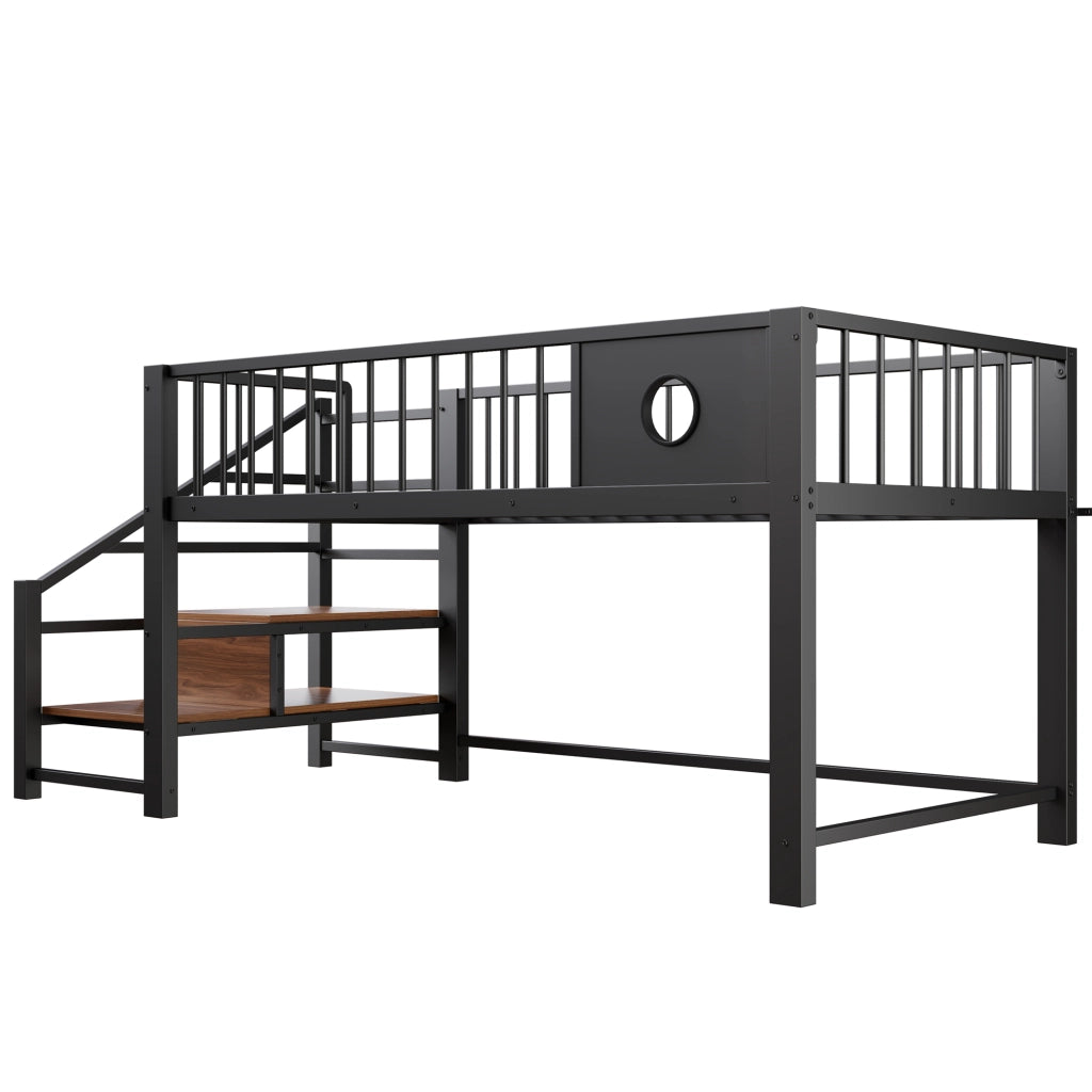 Letto a soppalco basso per bambini 90 × 200 cm con scala contenitore, struttura in metallo, senza materasso, nero