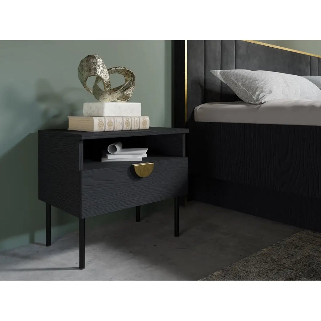 Set di 2 comodini MONDO – Nero strutturato e oro – 1 cassetto + nicchia – Stile moderno chic