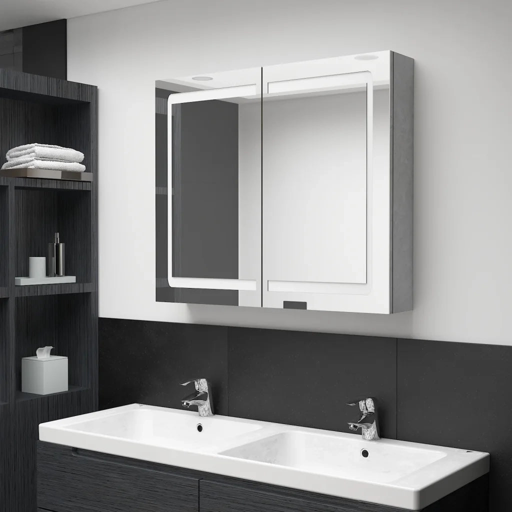 Armadietto Bagno | Armadio da bagno con Specchio e LED Grigio Cemento 80x12x68 cm