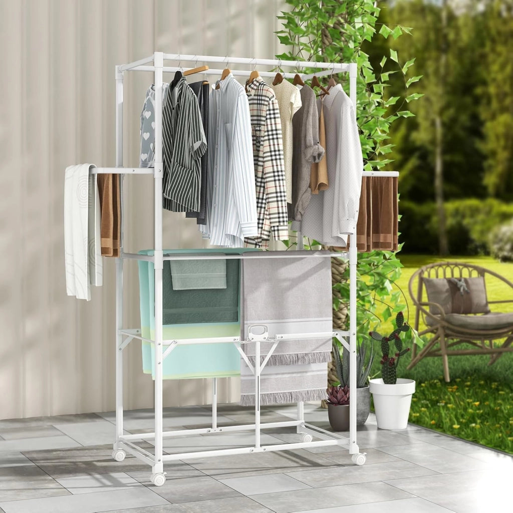 Stendibiancheria verticale pieghevole con ruote, barre sospese, 2 ali pieghevoli e ripiano estraibile, stendibiancheria portatile per interni ed esterni, 94 x 49 x 174 cm, bianco