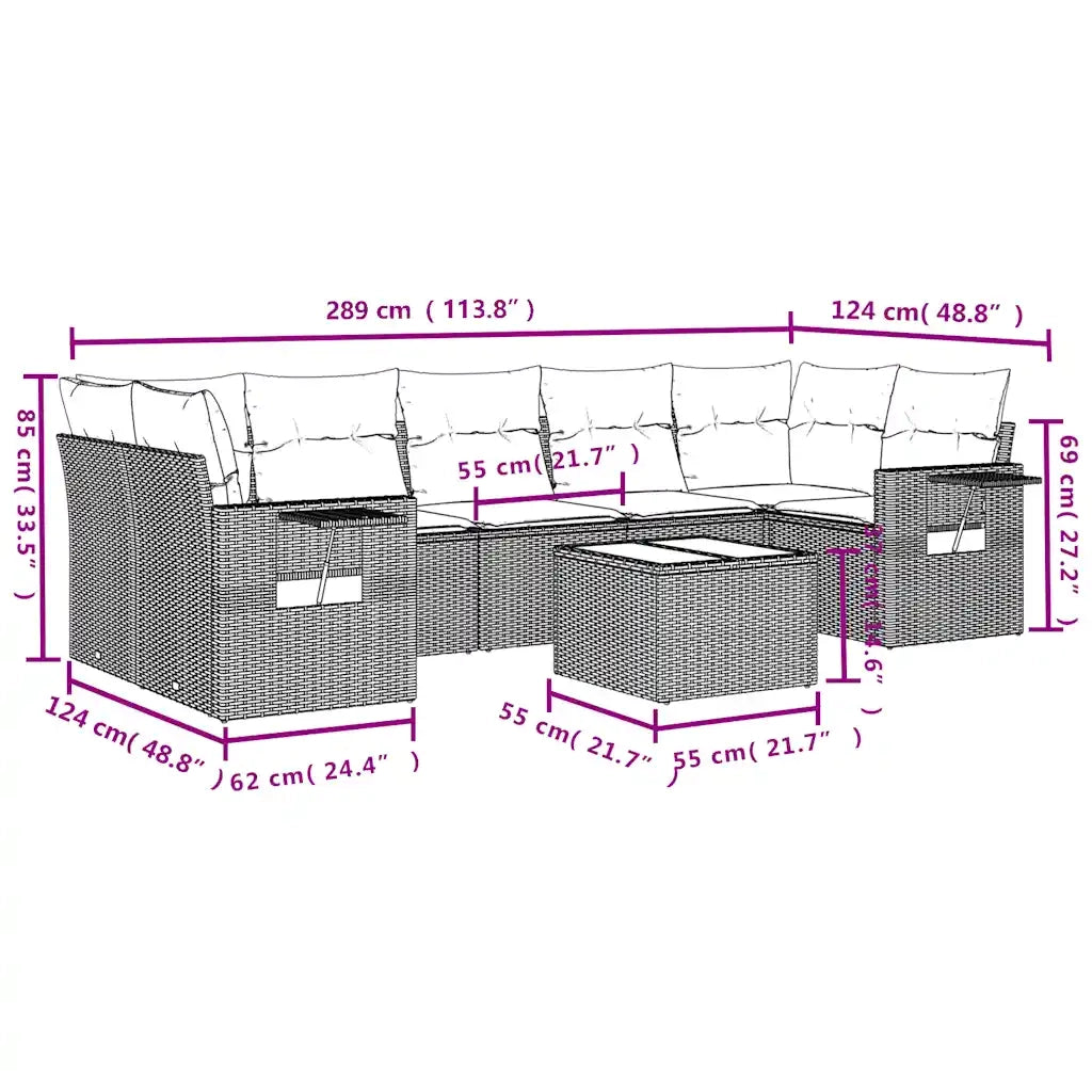 Set Divano da Giardino 8pz con Cuscini Grigio Chiaro Polyrattan