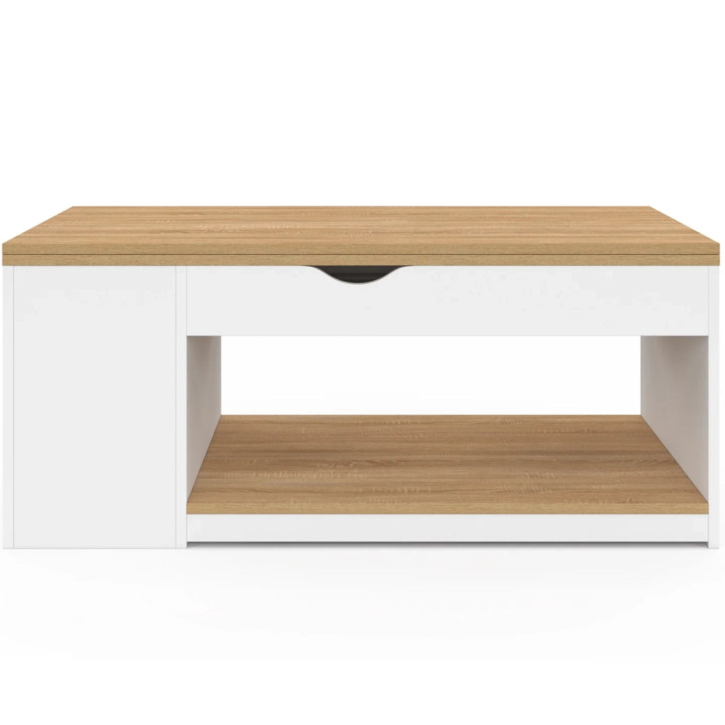 IDMarket - Tavolino rettangolare con piano sollevabile, trasformabile in tavolo da pranzo ELEA, 100 cm, legno bianco e impiallacciato faggi