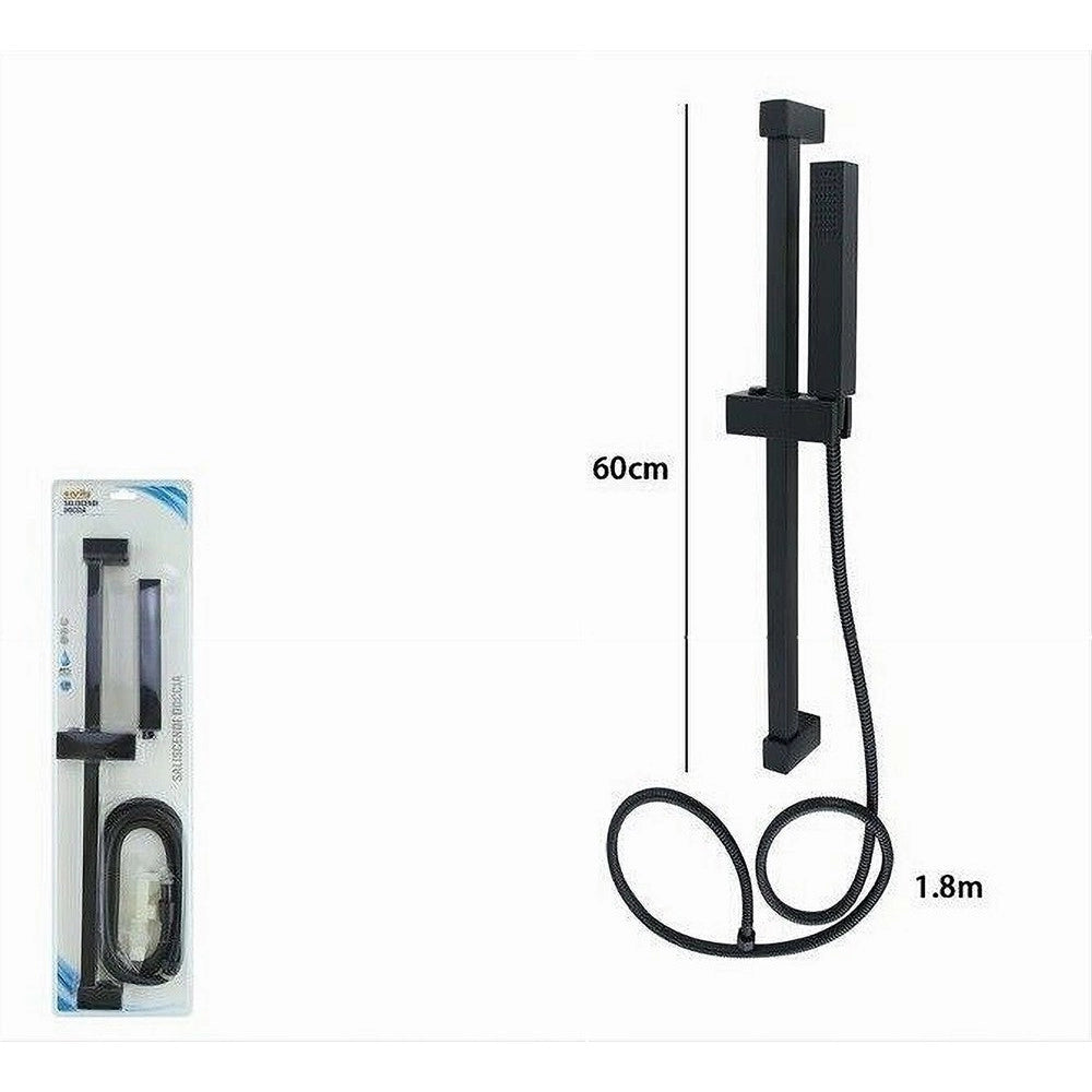 Trade Shop - Saliscendi 60cm Doccia Nero Con Doccino Soffione Quadrato Bagno 87495 Tubo 180cm -