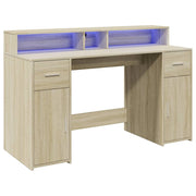 Scrivania da ufficio postazione di lavoro mobile per computer scrivania da studio con luci a LED legno ingegnerizzato rovere Sonoma marrone 02_0023426
