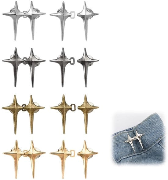 Strumento per allentare i pantaloni - 8 paia di bottoni per jeans senza cucito, fissaggio a stella rimovibile, clip e bottoni per stringere i pantaloni, pratica, riciclabile