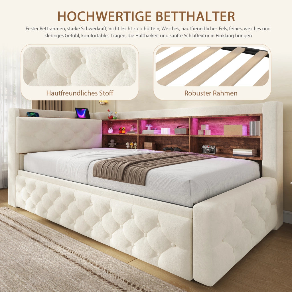 DIVANO LETTO Estraibile 90x190 cm Velluto Beige con USB e Type-C